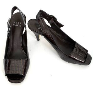 Alex Marie Chocolate Brown Croc Embossed Sandals Peep Toe Kitten Heels Sz 7 Prep